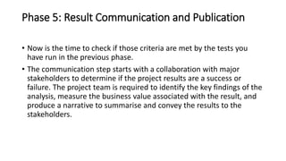 Phase 5: Result Communication and Publication
• Now is the time to check if those criteria are met by the tests you
have run in the previous phase.
• The communication step starts with a collaboration with major
stakeholders to determine if the project results are a success or
failure. The project team is required to identify the key findings of the
analysis, measure the business value associated with the result, and
produce a narrative to summarise and convey the results to the
stakeholders.
 