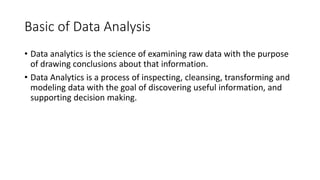 Basic of Data Analysis
• Data analytics is the science of examining raw data with the purpose
of drawing conclusions about that information.
• Data Analytics is a process of inspecting, cleansing, transforming and
modeling data with the goal of discovering useful information, and
supporting decision making.
 