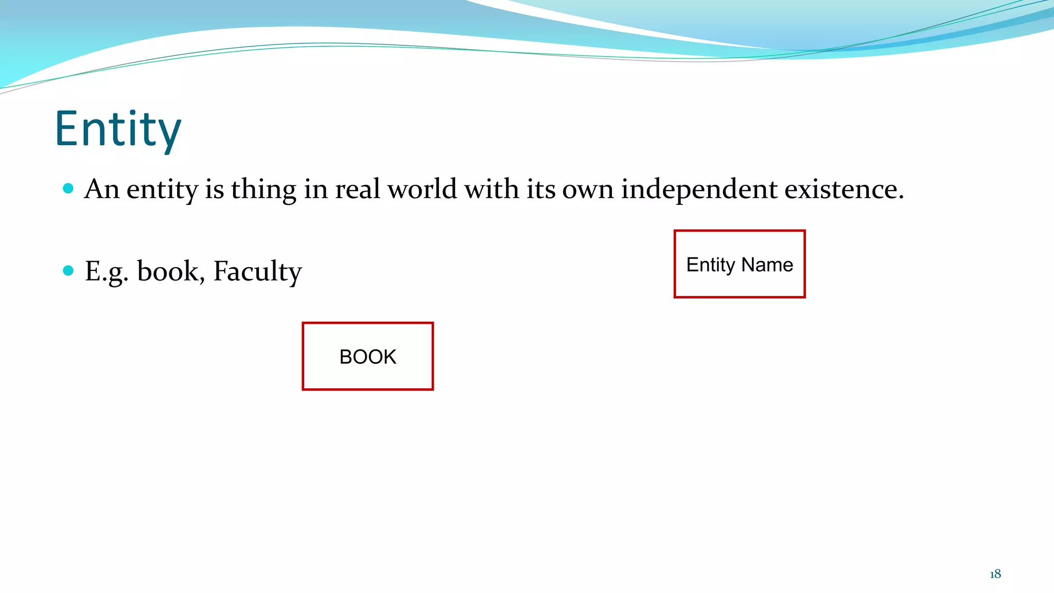 Entity
 An entity is thing in real world with its own independent existence.
 E.g. book, Faculty
18
Entity Name
BOOK
 