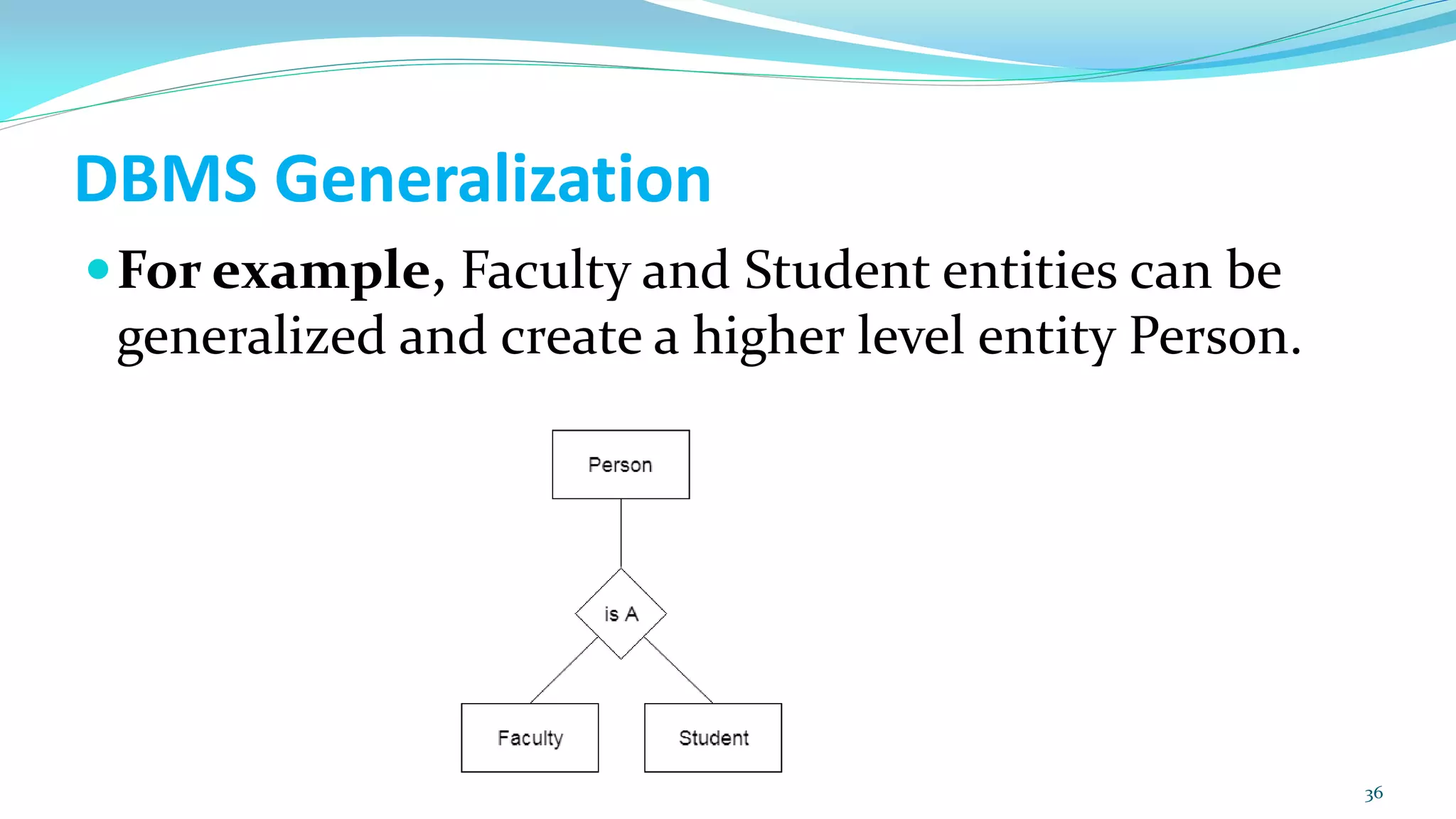 DBMS Generalization
For example, Faculty and Student entities can be
generalized and create a higher level entity Person.
36
 
