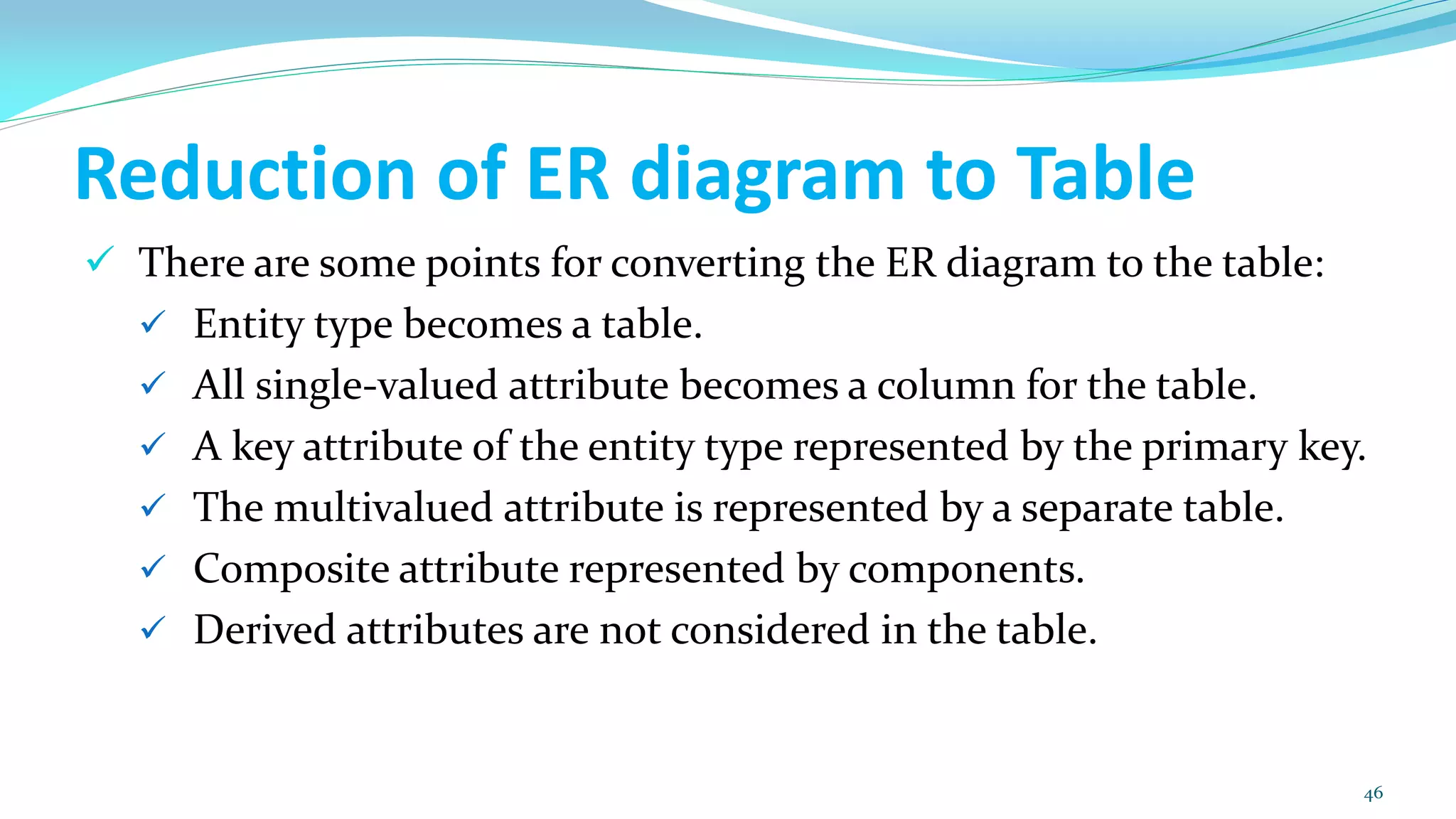 Reduction of ER diagram to Table
 There are some points for converting the ER diagram to the table:
 Entity type becomes a table.
 All single-valued attribute becomes a column for the table.
 A key attribute of the entity type represented by the primary key.
 The multivalued attribute is represented by a separate table.
 Composite attribute represented by components.
 Derived attributes are not considered in the table.
46
 