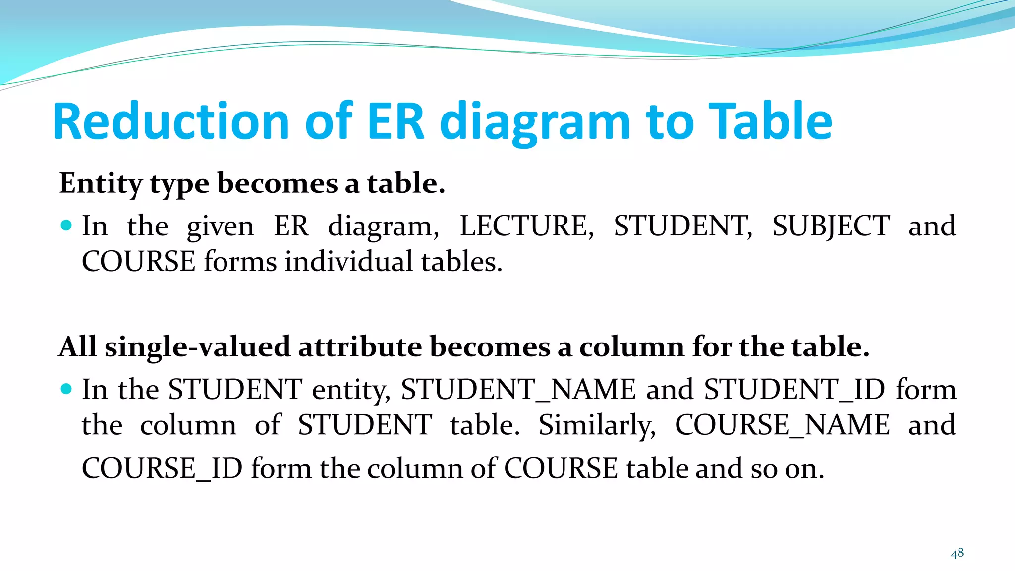 Reduction of ER diagram to Table
Entity type becomes a table.
 In the given ER diagram, LECTURE, STUDENT, SUBJECT and
COURSE forms individual tables.
All single-valued attribute becomes a column for the table.
 In the STUDENT entity, STUDENT_NAME and STUDENT_ID form
the column of STUDENT table. Similarly, COURSE_NAME and
COURSE_ID form the column of COURSE table and so on.
48
 