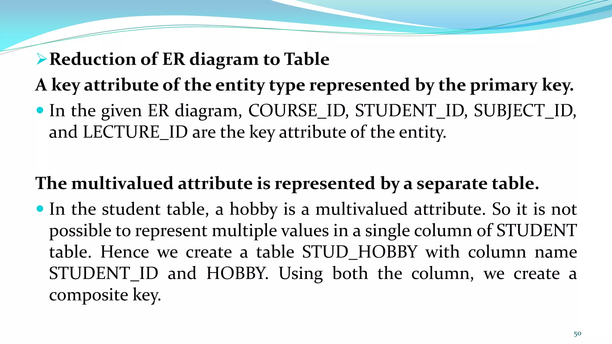 Reduction of ER diagram to Table
A key attribute of the entity type represented by the primary key.
 In the given ER diagram, COURSE_ID, STUDENT_ID, SUBJECT_ID,
and LECTURE_ID are the key attribute of the entity.
The multivalued attribute is represented by a separate table.
 In the student table, a hobby is a multivalued attribute. So it is not
possible to represent multiple values in a single column of STUDENT
table. Hence we create a table STUD_HOBBY with column name
STUDENT_ID and HOBBY. Using both the column, we create a
composite key.
50
 