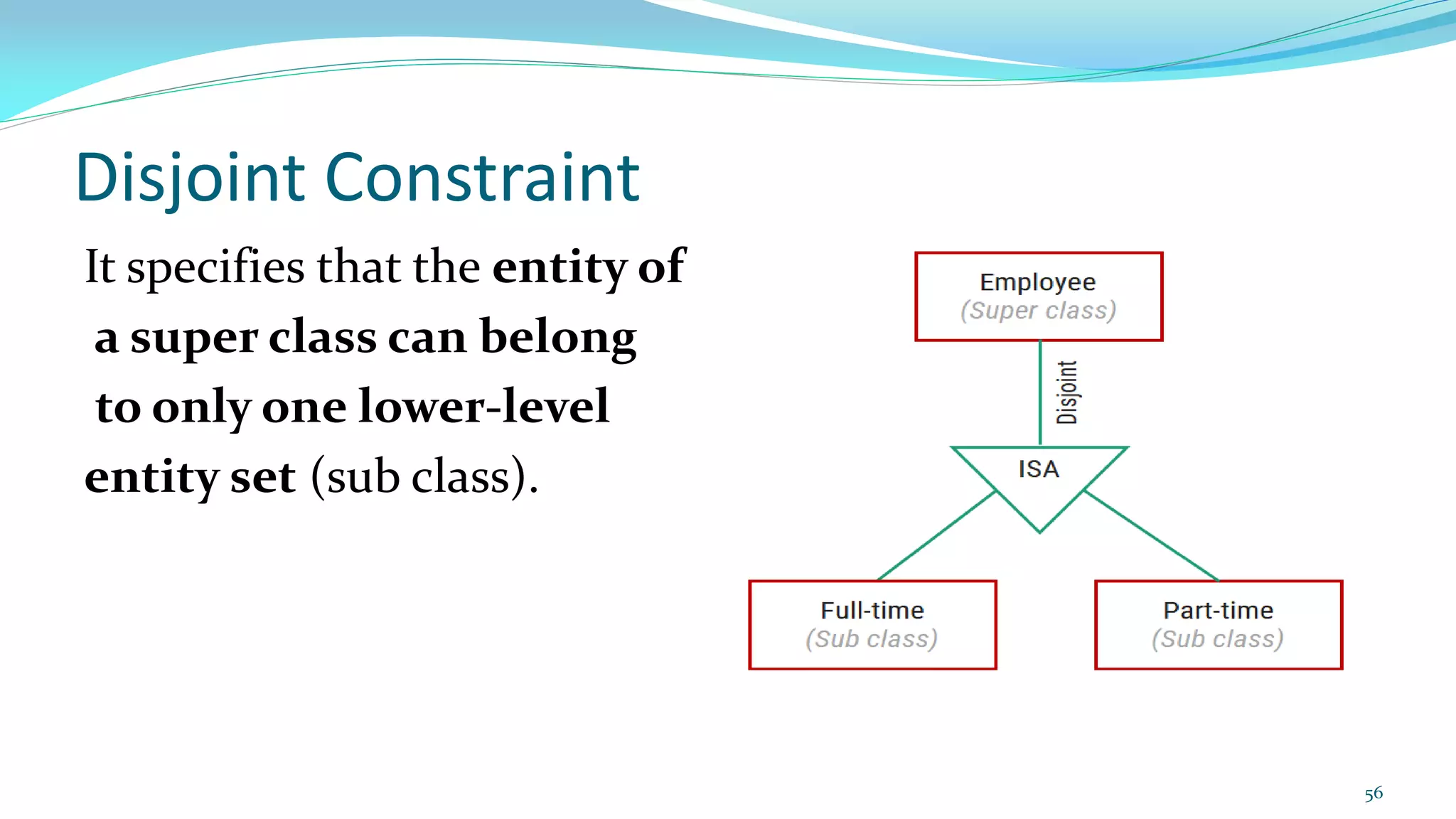 Disjoint Constraint
It specifies that the entity of
a super class can belong
to only one lower-level
entity set (sub class).
56
 