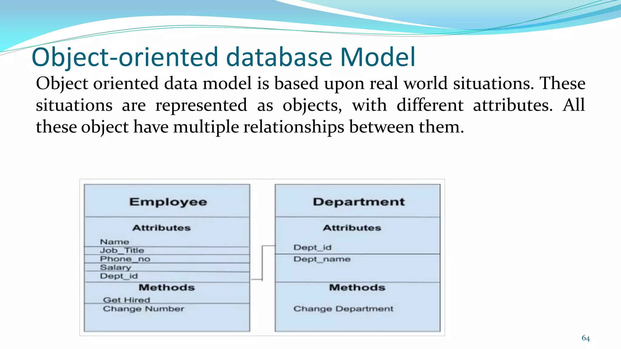 Object-oriented database Model
Object oriented data model is based upon real world situations. These
situations are represented as objects, with different attributes. All
these object have multiple relationships between them.
64
 
