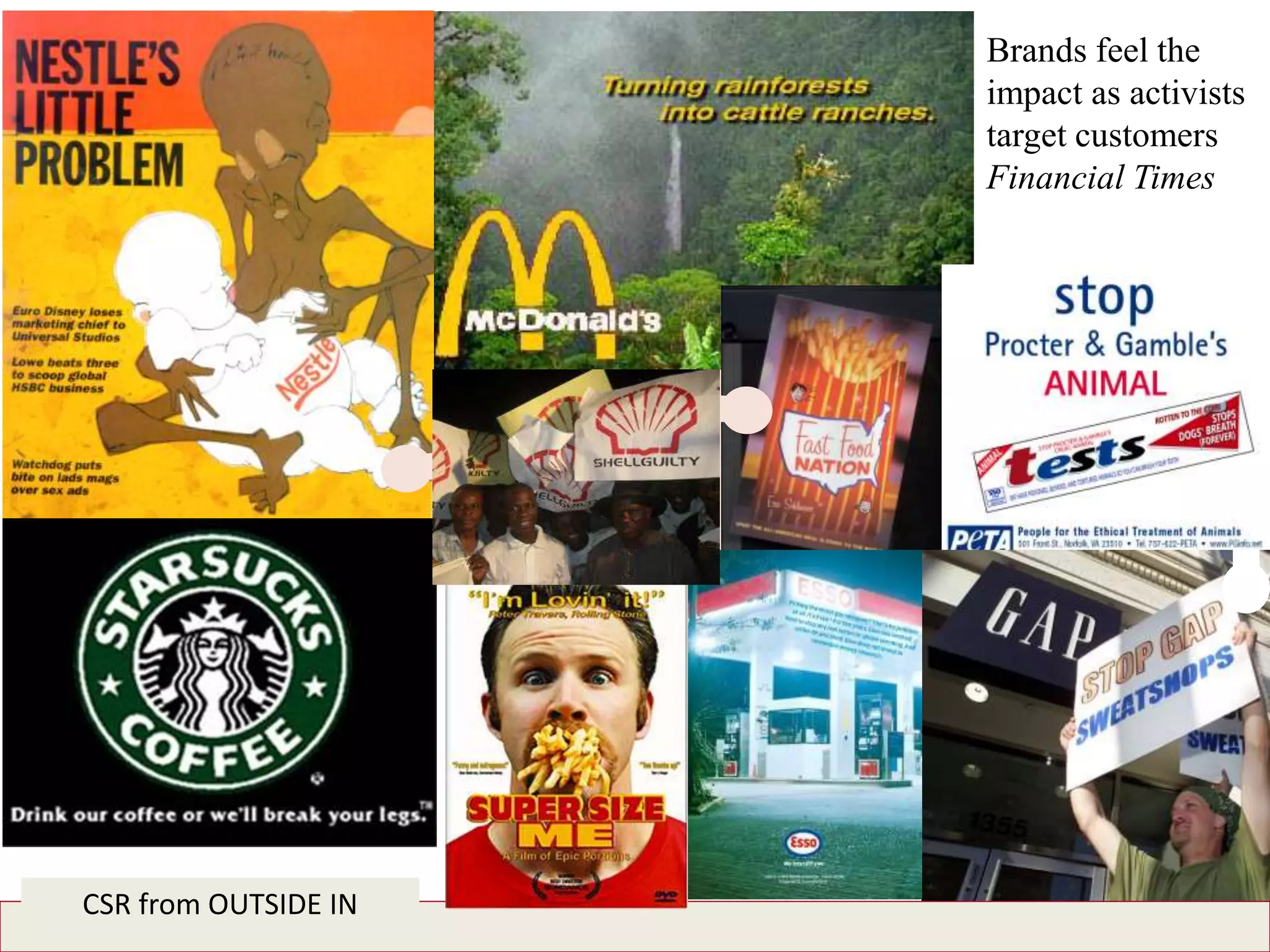 Brands feel the
impact as activists
target customers
Financial Times
Brands feel the
impact as activists
target customers
Financial Times
CSR from OUTSIDE IN
 