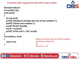 Function with argument and with return value
#include<stdio.h>
int sum(int, int);
void main()
{
int a,b,result;
printf("nGoing to calculate the sum of two numbers:");
printf("nEnter two numbers:");
scanf("%d %d",&a,&b);
result = sum(a,b);
printf("nThe sum is : %d",result);
}
int sum(int a, int b)
{
return a+b;
}
Going to calculate the sum of two numbers:
Enter two numbers:10
20
The sum is : 30
 