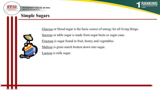Simple Sugars
Glucose or blood sugar is the basic source of energy for all living things.
Sucrose or table sugar is made from sugar beets or sugar cane.
Fructose is sugar found in fruit, honey and vegetables.
Maltose is grain starch broken down into sugar.
Lactose is milk sugar.
 