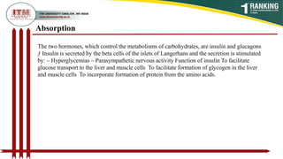 The two hormones, which control the metabolisms of carbohydrates, are insulin and glucagons
ƒ Insulin is secreted by the beta cells of the islets of Langerhans and the secretion is stimulated
by: – Hyperglycemias – Parasympathetic nervous activity Function of insulin To facilitate
glucose transport to the liver and muscle cells To facilitate formation of glycogen in the liver
and muscle cells To incorporate formation of protein from the amino acids.
Absorption
 