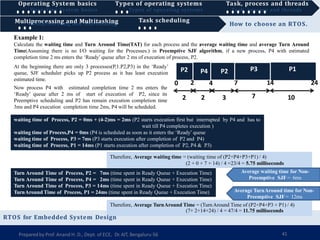 Task scheduling How to choose an RTOS.
Operating System basics
Operating System basics
Types of operating systems
Types of operating systems
Task, process and threads
Task, process and threads
Task scheduling
MultM
ip
ur
lo
tic
pe
ro
sc
se
in
ss
g
in
a
gna
d
nd
MM
uu
lt
lt
ii
tta
as
sk
ki
in
ng
g
Example 1:
Calculate the waiting time and Turn Around Time(TAT) for each process and the average waiting time and average Turn Around
Time(Assuming there is no I/O waiting for the Processes.) in Preemptive SJF algorithm, if a new process, P4 with estimated
completion time 2 ms enters the ‘Ready’ queue after 2 ms of execution of process, P2.
At the beginning there are only 3 processes(P,1.P2,P3) in the ‘Ready’
queue, SJF scheduler picks up P2 process as it has least execution
estimated time.
waiting time of Process, P2 = 0ms + (4-2)ms = 2ms (P2 starts execution first but interrupted by P4 and has to
wait till P4 completes execution )
waiting time of Process,P4 = 0ms (P4 is scheduled as soon as it enters the ‘Ready’ queue
waiting time of Process, P3 = 7ms (P3 starts execution after completion of P2 and P4)
waiting time of Process, P1 = 14ms (P1 starts execution after completion of P2, P4 & P3)
Therefore, Average waiting time = (waiting time of (P2+P4+P3+P1) / 4)
(2 + 0 + 7 + 14) / 4 =23/4 = 5.75 milliseconds
Turn Around Time of Process, P2 = 7ms (time spent in Ready Queue + Execution Time)
Turn Around Time of Process, P4 = 2ms (time spent in Ready Queue + Execution Time)
Turn Around Time of Process, P3 = 14ms (time spent in Ready Queue + Execution Time)
TurnAround Time of Process, P1 = 24ms (time spent in Ready Queue + Execution Time)
Therefore, Average TurnAround Time = (TurnAround Time of (P2+P4+P3 + P1) / 4)
(7+ 2+14+24) / 4 = 47/4 = 11.75 milliseconds
RTOS for Embedded System Design
7 14
0 24
P2 P3 P1
10
7
3
2
P4 P2
4
2
2
Average waiting time for Non-
Preemptive SJF = 6ms
Average TurnAround time for Non-
Preemptive SJF = 12ms
Preparedby Prof. Anand H. D., Dept. of ECE, Dr.AIT, Bengaluru-56 41
Now process P4 with estimated completion time 2 ms enters the
‘Ready’ queue after 2 ms of start of execution of P2, since its
Preemptive scheduling and P2 has remain execution completion time
3ms and P4 execution completion time 2ms, P4 will be scheduled.
 