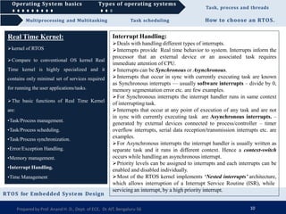 Operating System basics Types of operating systems Task, process and threads
Multiprocessing and Multitasking Task scheduling How to choose an RTOS.
Operating System basics Types of operating systems
RTOS for Embedded System Design
Real Time Kernel:
kernel of RTOS
Compare to conventional OS kernel Real
Time kernel is highly specialized and it
contains only minimal set of services required
for running the user applications/tasks.
The basic functions of Real Time Kernel
are:
•Task/Process management.
•Task/Process scheduling.
•Task/Process synchronization.
•Error/Exception Handling.
•Memory management.
•Interrupt Handling.
•Time Management
Interrupt Handling:
Deals with handling different types of interrupts.
Interrupts provide Real time behavior to system. Interrupts inform the
processor that an external device or an associated task requires
immediate attention of CPU.
Interrupts can be Synchronous or Asynchronous.
Interrupts that occur in sync with currently executing task are known
as Synchronous interrupts — usually software interrupts – divide by 0,
memory segmentation error etc. are few examples.
For Synchronous interrupts the interrupt handler runs in same context
of interrupting task.
Interrupts that occur at any point of execution of any task and are not
in sync with currently executing task are Asynchronous interrupts. –
generated by external devices connected to process/controller – timer
overflow interrupts, serial data reception/transmission interrupts etc. are
examples.
For Asynchronous interrupts the interrupt handler is usually written as
separate task and it runs in different context. Hence a context-switch
occurs while handling an asynchronous interrupt.
Priority levels can be assigned to interrupts and each interrupts can be
enabled and disabled individually.
Most of the RTOS kernel implements ‘Nested interrupts’ architecture,
which allows interruption of a Interrupt Service Routine (ISR), while
Preparedby Prof. Anand H. D., Dept. of ECE, Dr.AIT, Bengaluru-56 10
servicing an interrupt, by a high priority interrupt.
 