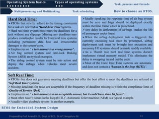 Operating System basics Types of operating systems Task, process and threads
Multiprocessing and Multitasking Task scheduling How to choose an RTOS.
Operating System basics Types of operating systems
Soft Real Time:
RTOSs that does not guarantee meeting deadlines but offer the best effort to meet the deadlines are referred as
‘Soft Real Time’systems.
Missing deadlines for tasks are acceptable if the frequency of deadline missing is within the compliance limit of
‘Quality of Service (QoS)’.
Emphasizes on ‘ a late answer is a an acceptable answer, but it could have done bit faster’.
Most often have ‘Human in the loop (HITL)’,Automatic Teller machine (ATM) is a typical example.
Aaudio-video playback system is another example.
RTOS for Embedded System Design
Hard Real Time:
RTOSs that strictly adhere to the timing constraints
for a task are referred as ‘Hard Real Time’systems.
Hard real time system must meet the deadlines for a
task without any slippage. Missing any deadlines may
produce catastrophic results for Hard real time systems
including permanent data lose and irrecoverable
damages to the system/users.
Emphasizes on ‘ a late answer is a wrong answer’.
Air bag control system and Anti-lock Braking
System (ABS) are typical examples.
The airbag control system must be into action and
deploy the airbags when vehicles meet severe
accident.
Preparedby Prof. Anand H. D., Dept. of ECE, Dr.AIT, Bengaluru-56 11
Ideally speaking the response time of air bag system
must be zero and bags should be deployed exactly
within the time frame which is predefined.
Any delay in deployment of air-bags makes the life
of passengers under threat.
When the airbag deployment task is triggered, the
currently executing task must be preempted, airbag
deployment task must be brought into execution and
necessary I/O systems should be made readily available
As a Thumb rule hard real time systems doesn’t
implement virtual memory model. This eliminates the
delay in swapping in and out the code.
Most of the Hard Real Time systems are automatic
and does not contain a ‘human in the loop (HITL)’.
 