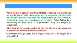 • Whereas every State of the United States sends two representatives
to the Senate, in India, the number of representatives of the States
to the Rajya Sabha varies from one (Nagaland) to 34 (Uttar Pradesh)
depending upon the population of a state. Rajya Sabha is a
continuing chamber as it is a permanent body not subject to
dissolution.
• One third of its members retire at the end of every two years and
elections are held for the vacant positions.
• A member of Rajya Sabha has a sixyear term, unless he resigns or is
disqualified.
 
