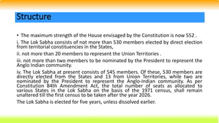 • The maximum strength of the House envisaged by the Constitution is now 552 .
i. The Lok Sabha consists of not more than 530 members elected by direct election
from territorial constituencies in the States,
ii. not more than 20 members to represent the Union Territories .
iii. not more than two members to be nominated by the President to represent the
Anglo Indian community.
iv. The Lok Sabha at present consists of 545 members. Of these, 530 members are
directly elected from the States and 13 from Union Territories, while two are
nominated by the President to represent the Anglo-Indian community. As per
Constitution 84th Amendment Act, the total number of seats as allocated to
various States in the Lok Sabha on the basis of the 1971 census, shall remain
unaltered till the first census to be taken after the year 2026.
The Lok Sabha is elected for five years, unless dissolved earlier.
Structure
 