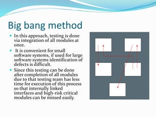 Big bang method
 In this approach, testing is done
via integration of all modules at
once.
 It is convenient for small
software systems, if used for large
software systems identification of
defects is difficult.
 Since this testing can be done
after completion of all modules
due to that testing team has less
time for execution of this process
so that internally linked
interfaces and high-risk critical
modules can be missed easily.
 