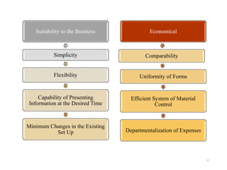 15
Suitability to the Business
Simplicity
Flexibility
Capability of Presenting
Information at the Desired Time
Minimum Changes in the Existing
Set Up
Economical
Comparability
Uniformity of Forms
Efficient System of Material
Control
Departmentalization of Expenses
 
