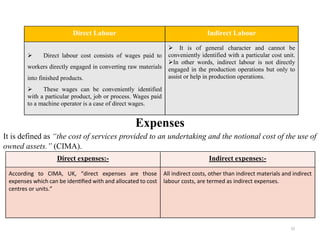 33
Direct Labour Indirect Labour
 Direct labour cost consists of wages paid to
workers directly engaged in converting raw materials
into finished products.
 These wages can be conveniently identified
with a particular product, job or process. Wages paid
to a machine operator is a case of direct wages.
It is of general character and cannot be
conveniently identified with a particular cost unit.
In other words, indirect labour is not directly
engaged in the production operations but only to
assist or help in production operations.
Expenses
It is defined as “the cost of services provided to an undertaking and the notional cost of the use of
owned assets.” (CIMA).
Direct expenses:- Indirect expenses:-
According to CIMA, UK, “direct expenses are those
expenses which can be identified with and allocated to cost
centres or units.”
All indirect costs, other than indirect materials and indirect
labour costs, are termed as indirect expenses.
 