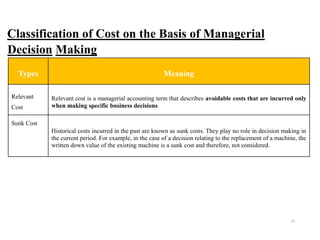 37
Classification of Cost on the Basis of Managerial
Decision Making
Types Meaning
Relevant
Cost
Relevant cost is a managerial accounting term that describes avoidable costs that are incurred only
when making specific business decisions
Sunk Cost
Historical costs incurred in the past are known as sunk costs. They play no role in decision making in
the current period. For example, in the case of a decision relating to the replacement of a machine, the
written down value of the existing machine is a sunk cost and therefore, not considered.
 
