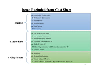 45
Items Excluded from Cost Sheet
Incomes
•(a) Profit on sale of Fixed Assets
•(b) Profit on sale of investments
•(c) Interest Income
•(d) Dividend Income
•(e) Rental Income
•(f) Transfer fees
Expenditures
•(a) Loss on sale of fixed assets
•(b) Loss on sale of Investments
•(c) Interest on mortgage and loans
•(d) Preliminary expenses written off
•(e) Goodwill written off
•(f) Underwriting commission and debenture discount written off
•(g) Fines and penalties
Appropriations
•(a) Income tax
•(b) Dividend Distribution tax
• c) Transfer to General Reserves
(
•(d) Transfer to Special Reserves like Dividend Equalisation Reserve etc.
 