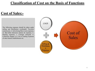 Classification of Cost on the Basis of Functions
50
Cost of Sales:-
The following expenses should be taken under
selling and distribution overheadsI. Travelers
commission, ii.Advertising Show room expenses,
iii. Bad debts Salesmen salaries & expenses, iv.
Packing expenses, v. Carriage outwards vi.
Collection charges vii. Cost of catalog Expenses
of sales branch establishment etc.
 