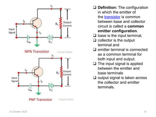15 October 2023 15
 Definition: The configuration
in which the emitter of
the transistor is common
between base and collector
circuit is called a common
emitter configuration.
 base is the input terminal,
 collector is the output
terminal and
 emitter terminal is connected
as a common terminal for
both input and output.
 The input signal is applied
between the emitter and
base terminals
 output signal is taken across
the collector and emitter
terminals.
 