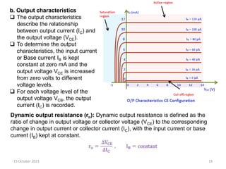 15 October 2023 19
b. Output characteristics
 The output characteristics
describe the relationship
between output current (IC) and
the output voltage (VCE).
 To determine the output
characteristics, the input current
or Base current IB is kept
constant at zero mA and the
output voltage VCE is increased
from zero volts to different
voltage levels.
 For each voltage level of the
output voltage VCB, the output
current (IC) is recorded.
Dynamic output resistance (ro): Dynamic output resistance is defined as the
ratio of change in output voltage or collector voltage (VCE) to the corresponding
change in output current or collector current (IC), with the input current or base
current (IB) kept at constant.
 