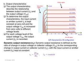 15 October 2023 25
b. Output characteristics
 The output characteristics
describe the relationship
between output current (IC) and
the output voltage (VCB).
 To determine the output
characteristics, the input current
or emitter current IE is kept
constant at zero mA and the
output voltage VCB is increased
from zero volts to different
voltage levels.
 For each voltage level of the
output voltage VCB, the output
current (IC) is recorded.
Dynamic output resistance (ro): Dynamic output resistance is defined as the
ratio of change in output voltage or collector voltage (VCB) to the corresponding
change in output current or collector current (IC), with the input current or emitter
current (IE) kept at constant.
 