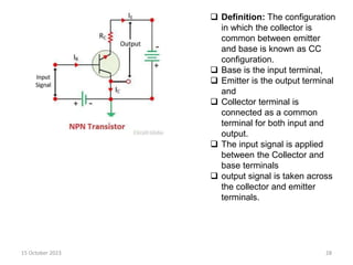 15 October 2023 28
 Definition: The configuration
in which the collector is
common between emitter
and base is known as CC
configuration.
 Base is the input terminal,
 Emitter is the output terminal
and
 Collector terminal is
connected as a common
terminal for both input and
output.
 The input signal is applied
between the Collector and
base terminals
 output signal is taken across
the collector and emitter
terminals.
 