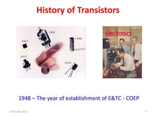 http://www.bellsystemmemorial.com/belllabs_transistor.html
History of Transistors
1948 – The year of establishment of E&TC - COEP
15 October 2023 4
 