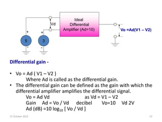 Ideal
Differential
Amplifier (Ad=10)
3
5
Vd
Vo =Ad(V1 – V2)
+
+
-
-
Differential gain -
• Vo = Ad ( V1 – V2 )
Where Ad is called as the differential gain.
• The differential gain can be defined as the gain with which the
differential amplifier amplifies the differential signal.
Vo = Ad Vd as Vd = V1 – V2
Gain Ad = Vo / Vd decibel Vo=10 Vd 2V
Ad (dB) =10 log10 [ Vo / Vd ]
15 October 2023 53
 