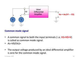Ideal
Differential
Amplifier
3
5
Vd
Vo = Ac(V1 – V2)
+
+
-
-
Common mode signal
• A common signal to both the input terminals ( i.e. V1=V2=V)
is called as common mode signal.
• Ac=V0/(Vc)=
• The output voltage produced by an ideal differential amplifier
is zero for the common mode signal.
15 October 2023 54
 