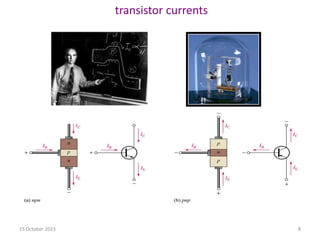 transistor currents
N
P
E
B
Collector Base
Junction JC
Emitter Base
Junction JE
E
Emitter
B
Base
15 October 2023 8
 