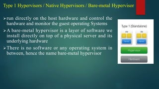 Type 1 Hypervisors / Native Hypervisors / Bare-metal Hypervisor
run directly on the host hardware and control the
hardware and monitor the guest operating Systems
A bare-metal hypervisor is a layer of software we
install directly on top of a physical server and its
underlying hardware
There is no software or any operating system in
between, hence the name bare-metal hypervisor
 