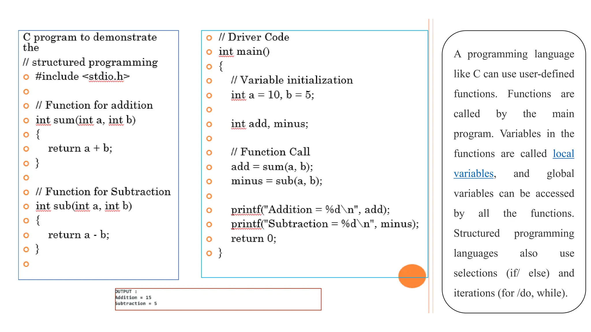 A programming language
like C can use user-defined
functions. Functions are
called by the main
program. Variables in the
functions are called local
variables, and global
variables can be accessed
by all the functions.
Structured programming
languages also use
selections (if/ else) and
iterations (for /do, while).
 