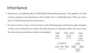 Inheritance
• Inheritance is an important pillar of OOP(Object-Oriented Programming). The capability of a class
to derive properties and characteristics from another class is called Inheritance. When we write a
class, we inherit properties from other classes.
• So when we create a class, we do not need to write all the properties and functions again and again,
as these can be inherited from another class that possesses it. Inheritance allows the user to reuse
the code whenever possible and reduce its redundancy.
 