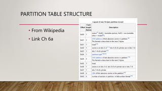 PARTITION TABLE STRUCTURE
• From Wikipedia
• Link Ch 6a
 
