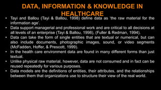 1 5
DATA, INFORMATION & KNOWLEDGE IN
HEALTHCARE
• Tayi and Ballou (Tayi & Ballou, 1998) define data as ‘the raw material for the
information age’.
• Data support managerial and professional work and are critical to all decisions at
all levels of an enterprise (Tayi & Ballou, 1998), (Fuller & Redman, 1994).
• Data can take the form of single entities that are textual or numerical, but can
also include documents, photographic images, sound, or video segments
(McFadden, Hoffer, & Prescott, 1999).
• In the health care environment data are found in many different forms than just
textual.
• Unlike physical raw material, however, data are not consumed and in fact can be
reused repeatedly for various purposes.
• Data models are the definitions of entities, their attributes, and the relationships
between them that organizations use to structure their view of the real world.
 