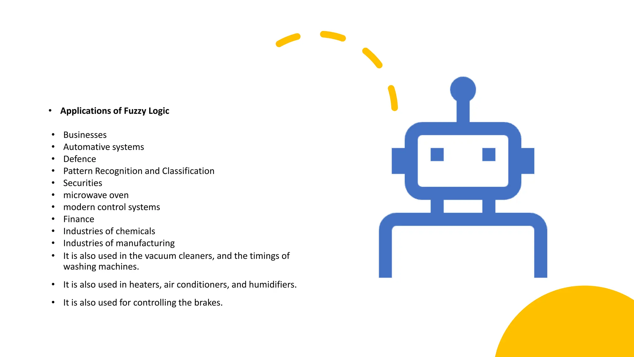 • Applications of Fuzzy Logic
• Businesses
• Automative systems
• Defence
• Pattern Recognition and Classification
• Securities
• microwave oven
• modern control systems
• Finance
• Industries of chemicals
• Industries of manufacturing
• It is also used in the vacuum cleaners, and the timings of
washing machines.
• It is also used in heaters, air conditioners, and humidifiers.
• It is also used for controlling the brakes.
 