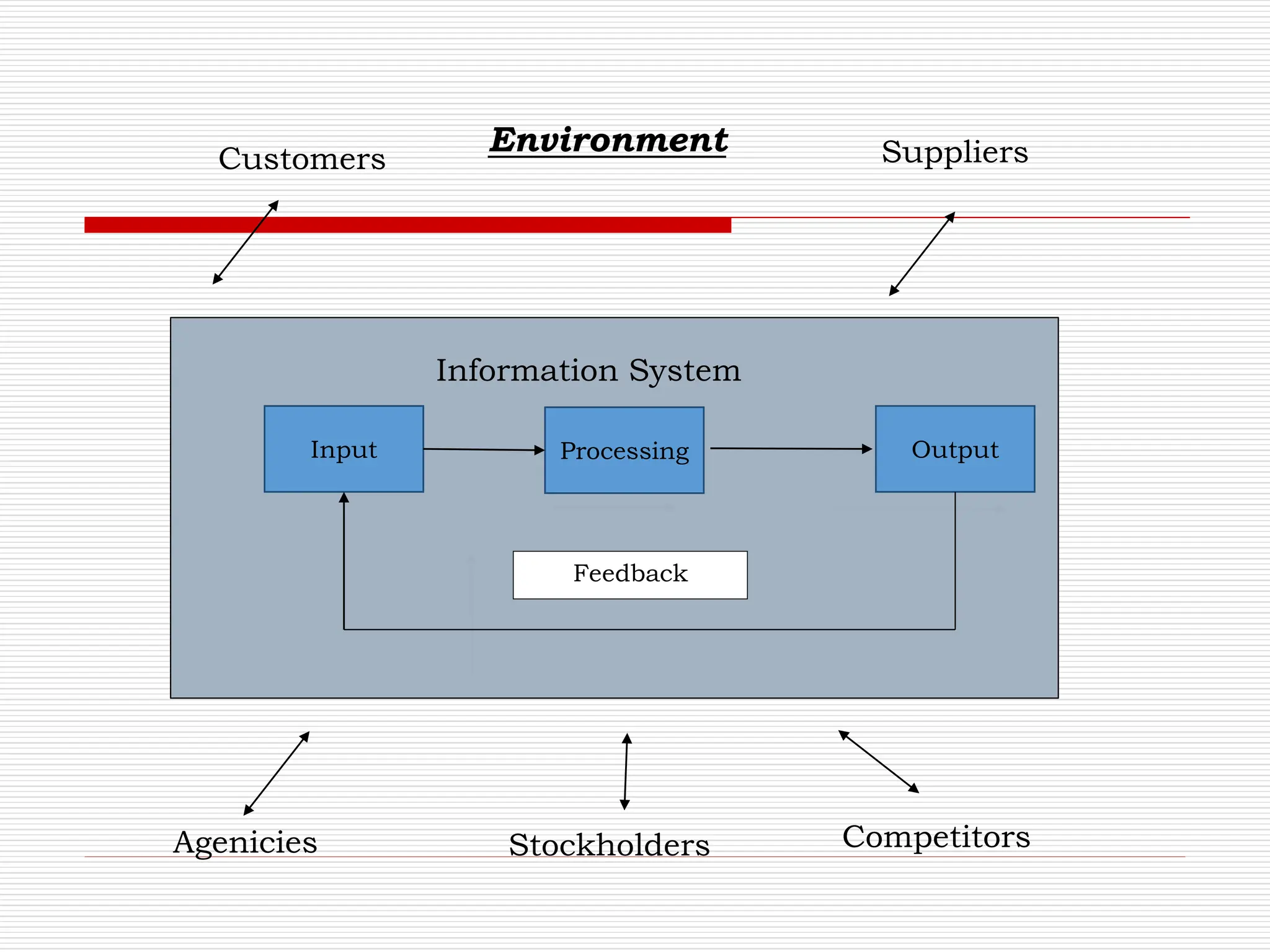 Input Processing Output
Feedback
Information System
Suppliers
Environment
Customers
Agenicies Stockholders Competitors
 