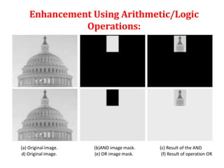 Enhancement Using Arithmetic/Logic
Operations:
(a) Original image. (b)AND image mask. (c) Result of the AND
d) Original image. (e) OR image mask. (f) Result of operation OR
 