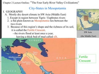 Chapter 2 Lecture Outline: “The Four Early River Valley Civilizations”
City-States in Mesopotamia
I. GEOGRAPHY
A. Mostly dry desert climate in SW Asia (Middle East)
SW Asia
(the Middle East)
PP Design of T. Loessin; Akins H.S.
Fertile
Crescent
1. Except in region between Tigris / Euphrates rivers
2. a flat plain known as Mesopotamia lies between the
two rivers
3. Because of this region’s shape and the richness of its soil,
it is called the Fertile Crescent.
- the rivers flood at least once a year,
leaving a thick bed of mud called silt.
 
