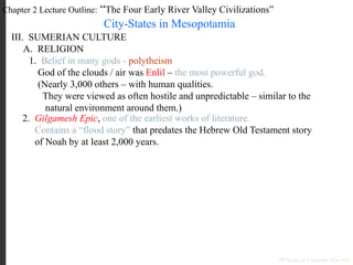 Chapter 2 Lecture Outline: “The Four Early River Valley Civilizations”
City-States in Mesopotamia
III. SUMERIAN CULTURE
A. RELIGION
1. Belief in many gods - polytheism
God of the clouds / air was Enlil – the most powerful god.
(Nearly 3,000 others – with human qualities.
They were viewed as often hostile and unpredictable – similar to the
natural environment around them.)
2. Gilgamesh Epic, one of the earliest works of literature.
Contains a “flood story” that predates the Hebrew Old Testament story
of Noah by at least 2,000 years.
PP Design of T. Loessin; Akins H.S.
 