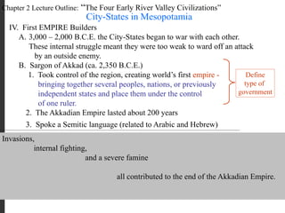 Chapter 2 Lecture Outline: “The Four Early River Valley Civilizations”
City-States in Mesopotamia
IV. First EMPIRE Builders
A. 3,000 – 2,000 B.C.E. the City-States began to war with each other.
These internal struggle meant they were too weak to ward off an attack
by an outside enemy.
B. Sargon of Akkad (ca. 2,350 B.C.E.)
1. Took control of the region, creating world’s first empire -
bringing together several peoples, nations, or previously
independent states and place them under the control
of one ruler.
Define
type of
government
2. The Akkadian Empire lasted about 200 years
3. Spoke a Semitic language (related to Arabic and Hebrew)
Arabic Hebrew
sample Akkadian text
Invasions,
internal fighting,
and a severe famine
all contributed to the end of the Akkadian Empire.
 