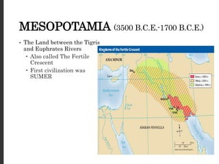 MESOPOTAMIA (3500 B.C.E.-1700 B.C.E.)
• The Land between the Tigris
and Euphrates Rivers
 Also called The Fertile
Crescent
 First civilization was
SUMER
 