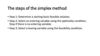 The steps of the simplex method
• Step 1: Determine a starting basic feasible solution.
• Step 2: Select an entering variable using the optimality condition.
Stop if there is no entering variable.
• Step 3: Select a leaving variable using the feasibility condition.
 