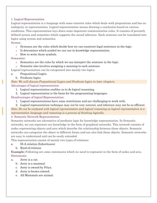 1. Logical Representation
Logical representation is a language with some concrete rules which deals with propositions and has no
ambiguity in representation. Logical representation means drawing a conclusion based on various
conditions. This representation lays down some important communication rules. It consists of precisely
defined syntax and semantics which supports the sound inference. Each sentence can be translated into
logics using syntax and semantics.
Syntax:
o Syntaxes are the rules which decide how we can construct legal sentences in the logic.
o It determines which symbol we can use in knowledge representation.
o How to write those symbols.
Semantics:
o Semantics are the rules by which we can interpret the sentence in the logic.
o Semantic also involves assigning a meaning to each sentence.
Logical representation can be categorised into mainly two logics:
a. Propositional Logics
b. Predicate logics
Note: We will discuss Prepositional Logics and Predicate logics in later chapters.
Advantages of logical representation:
1. Logical representation enables us to do logical reasoning.
2. Logical representation is the basis for the programming languages.
Disadvantages of logical Representation:
1. Logical representations have some restrictions and are challenging to work with.
2. Logical representation technique may not be very natural, and inference may not be so efficient.
Note: Do not be confused with logical representation and logical reasoning as logical representation is a
representation language and reasoning is a process of thinking logically.
2. Semantic Network Representation
Semantic networks are alternative of predicate logic for knowledge representation. In Semantic
networks, we can represent our knowledge in the form of graphical networks. This network consists of
nodes representing objects and arcs which describe the relationship between those objects. Semantic
networks can categorize the object in different forms and can also link those objects. Semantic networks
are easy to understand and can be easily extended.
This representation consist of mainly two types of relations:
a. IS-A relation (Inheritance)
b. Kind-of-relation
Example: Following are some statements which we need to represent in the form of nodes and arcs.
Statements:
a. Jerry is a cat.
b. Jerry is a mammal
c. Jerry is owned by Priya.
d. Jerry is brown colored.
e. All Mammals are animal.
 