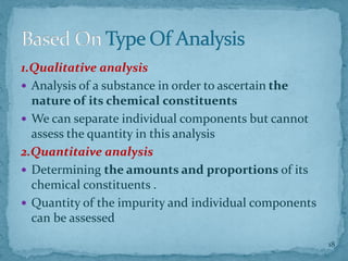 1.Qualitative analysis
 Analysis of a substance in order to ascertain the
nature of its chemical constituents
 We can separate individual components but cannot
assess the quantity in this analysis
2.Quantitaive analysis
 Determining the amounts and proportions of its
chemical constituents .
 Quantity of the impurity and individual components
can be assessed
Based On Type Of Analysis
18
 
