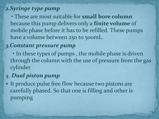 2.Syringe type pump
• These are most suitable for small bore column
because this pump delivers only a finite volume of
mobile phase before it has to be refilled. These pumps
have a volume between 250 to 500mL.
3.Constant pressure pump
• In these types of pumps , the mobile phase is driven
through the column with the use of pressure from the gas
cylinder
4. Dual piston pump
 It produce pulse free flow because two pistons are
carefully phased. So that one is filling and other is
pumping
24
 