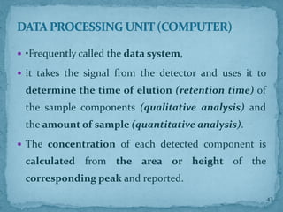  •Frequently called the data system,
 it takes the signal from the detector and uses it to
determine the time of elution (retention time) of
the sample components (qualitative analysis) and
the amount of sample (quantitative analysis).
 The concentration of each detected component is
calculated from the area or height of the
corresponding peak and reported.
DATA PROCESSING UNIT (COMPUTER)
43
 
