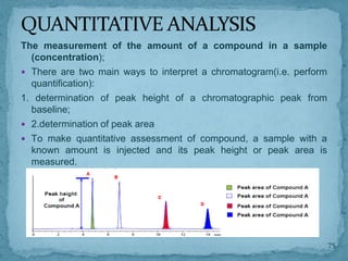 The measurement of the amount of a compound in a sample
(concentration);
 There are two main ways to interpret a chromatogram(i.e. perform
quantification):
1. determination of peak height of a chromatographic peak from
baseline;
 2.determination of peak area
 To make quantitative assessment of compound, a sample with a
known amount is injected and its peak height or peak area is
measured.
QUANTITATIVE ANALYSIS
75
 